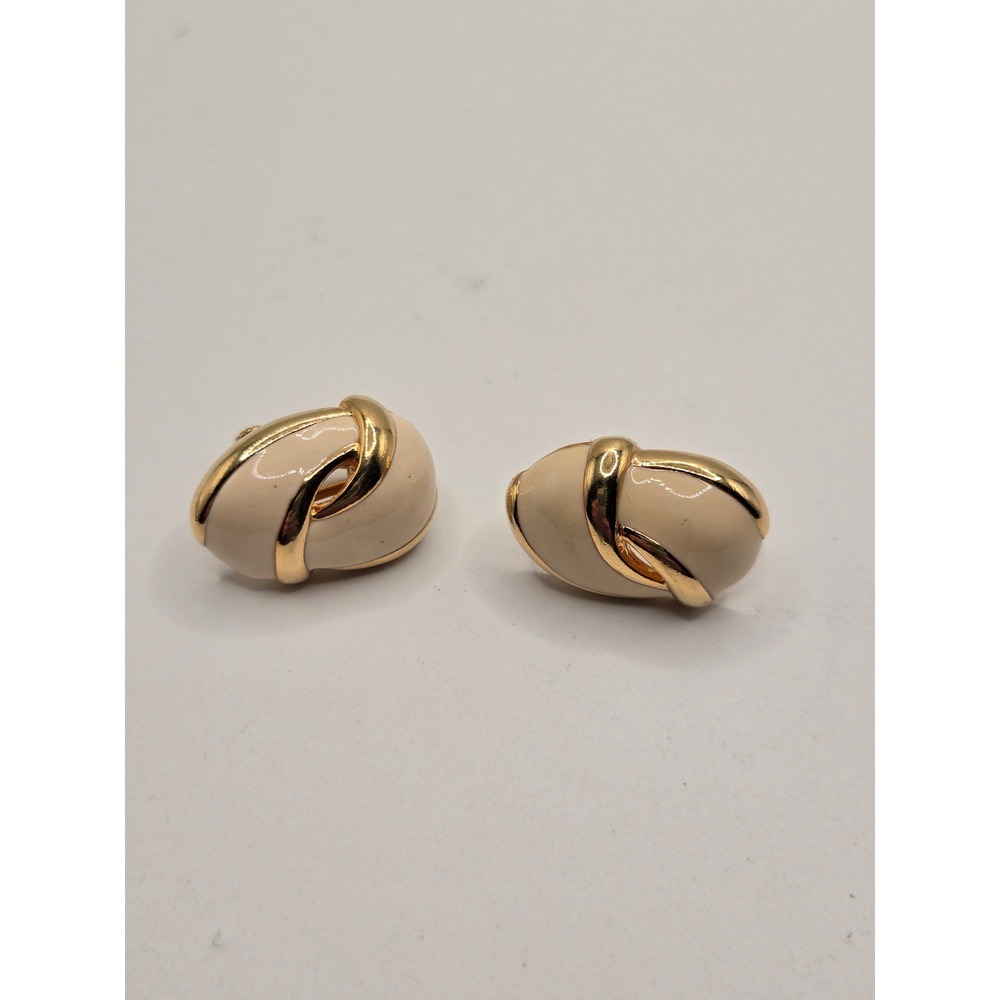 Napier Vintage Gold Tone Cream Enamel Ribbed Domed Screw Back Clip On Earrings